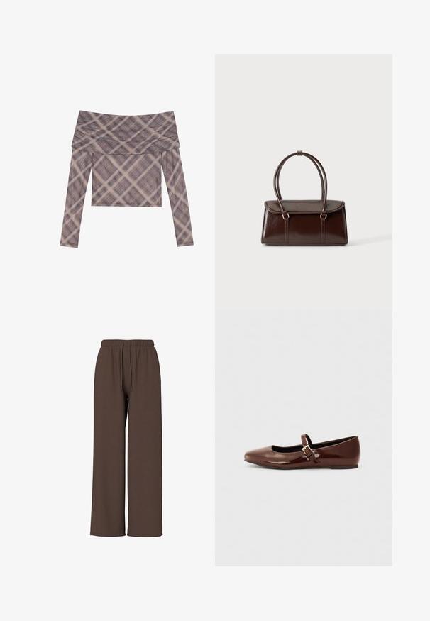 Langærmet off-the-shoulder bluse i blødt stof, med et dæmpet ternet mønster i nuancer af brun og beige, og en afslappet pasform.; Brune bukser med brede ben og elastisk talje med snøre, vist mod en ensfarvet hvid baggrund. Ingen synlige logoer eller mønstre.; Brun patentlæder balletflade med firkantet tå og strop med en lille guldbuckle. Glat tekstur, lav hæl og minimalistisk design.; Mørkebrunt blankt læderhåndtaske med en struktureret rektangulær krop og to lange, afrundede håndtag mod en ensfarvet lys baggrund.