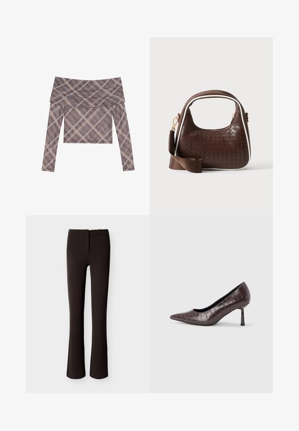 Langærmet off-the-shoulder bluse i blødt stof, med et dæmpet ternet mønster i nuancer af brun og beige, og en afslappet pasform.; Sorte, tætsiddende bukser med let flare, frontlynlås og bæltestropper, vist fladt på en hvid baggrund.; Brune kunstlæder stiletter med spidse tæer og krokodilletekstur, der har en slank, vinklet hæl og en glat inderside.; Brun vævet læderhåndtaske med hvid piping, guldfarvet lynlås og aftagelig brun stofskulderrem.