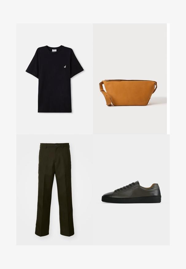 Zwarte katoenen t-shirt met korte mouwen, voorzien van een klein geborduurd accent van een gans op de borst en een ronde hals.; The Kooples PANTALON - Broek - kaki; Donkergrijze leren lage sneaker met zwarte veters en zool, minimalistisch ontwerp, zijaanzicht op een effen lichte achtergrond.; Lichtbruine leren crossbodytas met verstelbare band en ritssluiting, getoond tegen een effen lichte achtergrond.