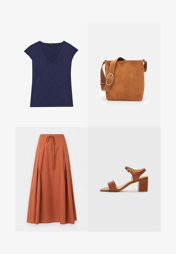 Haut bleu marine à manches courtes avec un décolleté en V. Fabriqué en tissu doux, présentant une texture lisse et une finition d'ourlet soignée.; Jupe longue terracotta avec plis sur le devant et cordon à la taille, présentée sur un fond uni.; Sandale à talon en cuir marron avec un bout carré, une bride de cheville ajustable et un talon carré. Texture lisse et design minimaliste.; Sac à main en daim couleur caramel, de forme plate et rectangulaire, avec une large sangle en cuir et une grande boucle en métal circulaire.