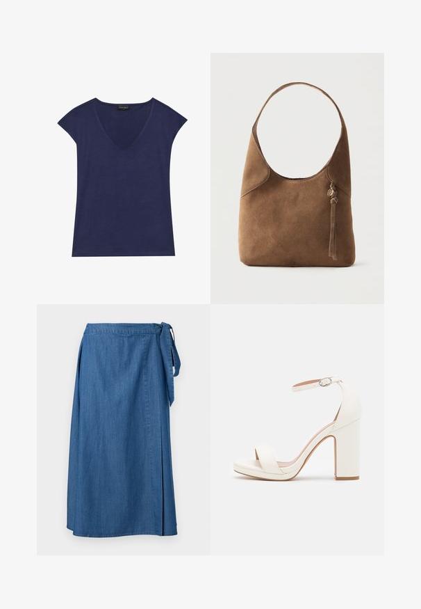 Navyblauw kortemouwen top met een V-hals ontwerp. Gemaakt van zachte stof, met een gladde textuur en een nette afwerking van de zoom.; Blauwe denim wikkelrok met zijstriksluiting, van knielengte tot halverwege de kuit, weergegeven tegen een effen witte achtergrond.; Witte hoge hak sandaal met enkelbandje, minimalistisch ontwerp, open teen, blokhak en gladde lederen textuur.; Bruine suède schoudertas met enkele schouderband, gebogen bovenkant en een kleine kwast met een gouden bedel aan de zijkant tegen een effen achtergrond.