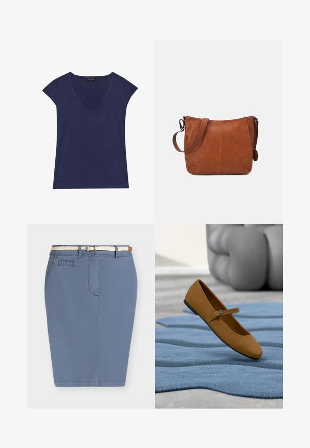 Top de manga corta azul marino con diseño de escote en V. Hecho de una tela suave, con textura lisa y acabado de dobladillo limpio.; Falda azul hasta la rodilla con cinturón trenzado blanco, bolsillo delantero y trabillas para cinturón sobre un fondo liso y claro.; Zapato plano marrón Mary Jane con hebilla, flotando sobre una alfombra azul texturizada, con muebles tapizados en gris al fondo.; Bolso de hombro de cuero marrón con forma curva, correa ajustable y detalles de costura mínimos, que cuenta con un interior espacioso.
