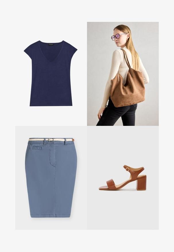 Top de manga corta azul marino con diseño de escote en V. Hecho de una tela suave, con textura lisa y acabado de dobladillo limpio.; Falda azul hasta la rodilla con cinturón trenzado blanco, bolsillo delantero y trabillas para cinturón sobre un fondo liso y claro.; Sandalia de tacón de cuero marrón con punta cuadrada, correa ajustable en el tobillo y tacón de bloque. Textura suave y diseño minimalista.; Bolso de tote de ante marrón con textura suave, gran abertura y asas largas. Presenta un diseño sencillo con costuras visibles y sin herrajes.