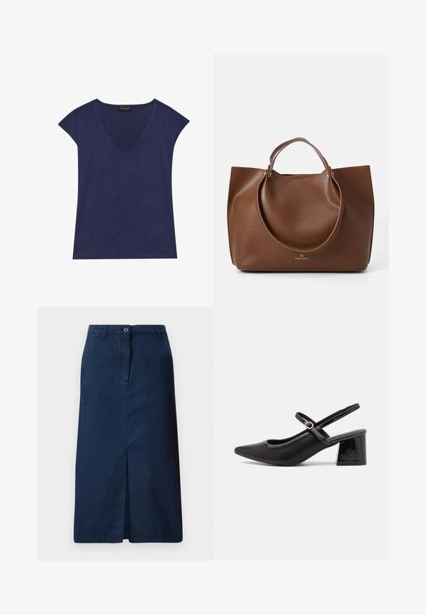 Haut bleu marine à manches courtes avec un décolleté en V. Fabriqué en tissu doux, présentant une texture lisse et une finition d'ourlet soignée.; Jupe en denim bleu marine avec une fente à l'avant, fermeture à boutons et passants de ceinture. Design à coupe droite avec une texture lisse.; Escarpins slingback en cuir verni noir avec un embout pointu, un design à découpes arrondies et un talon carré. Présente un accent de boucle en ton doré.; Sac fourre-tout en cuir brun avec une texture lisse, de grandes poignées circulaires, présentant un design minimaliste et un logo embossé à la base.