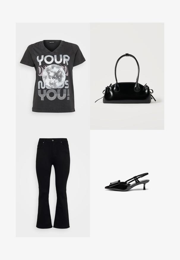 Schwarzes Baumwoll-T-Shirt mit V-Ausschnitt, kurzen Ärmeln und einem Grafikdesign eines Discokugels mit Text in metallischen und gestreiften Schriftarten.; ONLY Carmakoma Flared fit CARWILLY High waist - Flared Jeans - black denim; Schwarze Lackleder-Slingbacks mit spitzer Zehenpartie, einer Schleifendetail an der Vorderseite und einem kleinen Stiletto-Absatz. Die Riemen haben verstellbare Schnallen.; Kleine schwarze glänzende Handtasche mit zwei langen Griffen und seitlichen Kordelzug-Details vor einfachem hellem Hintergrund.