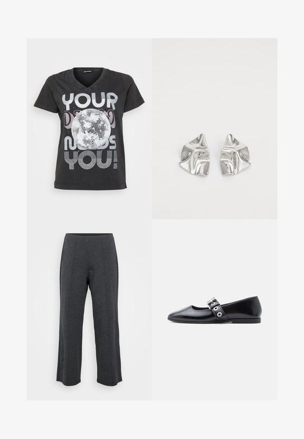 Μαύρο βαμβακερό t-shirt με V-neck, κοντό μανίκι και γραφικό σχέδιο μιας ντισκομπάλας με κείμενο σε μεταλλικά και ριγέ γράμματα.; Σκούρο γκρι παντελόνι με φαρδιά πόδια φτιαγμένο από μαλακό, ελαστικό ύφασμα. Διαθέτει λείο λάστιχο στη μέση και επίπεδο μπροστινό μέρος με διακριτικές πιέτες για πρόσθετη λεπτομέρεια.; Μαύρο παπούτσι μπαλαρίνας από δερματίνη με τετράγωνη μύτη, λεπτομέρεια αγκράφας στο πλάι και χαμηλό, στρογγυλεμένο τακούνι. Λείο υλικό και μινιμαλιστικός σχεδιασμός.; Ασημένια σκουλαρίκια με κυματιστό, γλυπτικό σχέδιο που διαθέτουν γυαλιστερή φινίρισμα και ακανόνιστα σχήματα, αναδεικνύοντας μια σύγχρονη αισθητική.