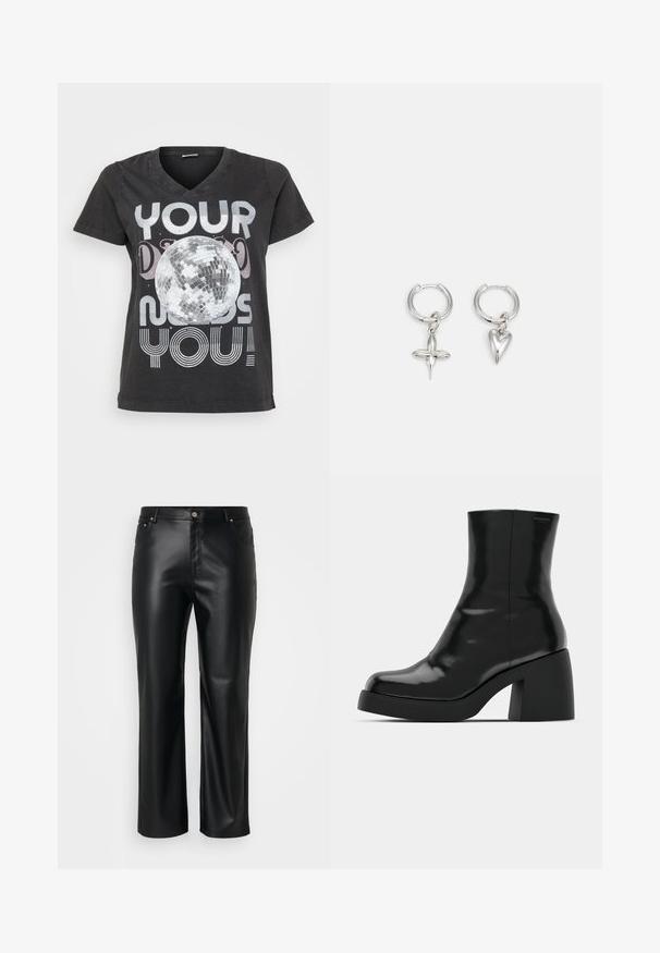 Μαύρο βαμβακερό t-shirt με V-neck, κοντό μανίκι και γραφικό σχέδιο μιας ντισκομπάλας με κείμενο σε μεταλλικά και ριγέ γράμματα.; Μαύρο ψεύτικο δερμάτινο παντελόνι με ίσια γραμμή, διαθέτει θηλιές ζώνης, μπροστινές τσέπες και φερμουάρ με κουμπί. Απαλή υφή.; Μαύρες μπότες μέχρι τον αστράγαλο με γυαλιστερό φινίρισμα, τετράγωνη μύτη και χοντρό τακούνι. Ο σχεδιασμός περιλαμβάνει μια χωρίς ραφές σιλουέτα και ελάχιστη επωνυμία.; Ασημένες κρίκοι σκουλαρίκια που περιλαμβάνουν ένα charm σε σχήμα σταυρού και καρδιάς. Λείο, γυαλιστερό υφή με γυαλισμένη φινίρισμα. Κάθε charm κρέμεται από έναν ασφαλή βρόχο.