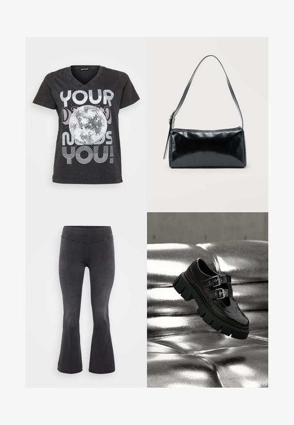 Schwarzes Baumwoll-T-Shirt mit V-Ausschnitt, kurzen Ärmeln und einem Grafikdesign eines Discokugels mit Text in metallischen und gestreiften Schriftarten.; ONLY Carmakoma Flared fit CARROYAL Mid waist - Flared Jeans - washed black; Schwarzer Schuh mit klobiger Sohle und doppelten silbernen Schnallen, der über einer glänzenden metallisch silbernen, gesteppte Oberfläche schwebt.; Schwarze rechteckige Schultertasche mit einem verstellbaren Riemen und einem oberen Reißverschluss vor einfachem Hintergrund.