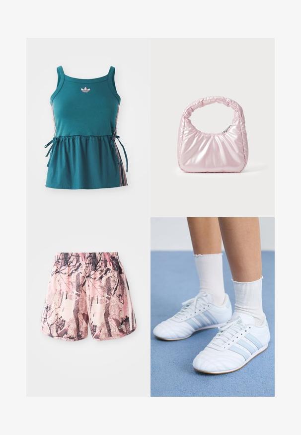 Tyrkis ærmeløs top med samlet talje, pink sidelægger og broderet logo. Lavet af blødt materiale med en afslappet pasform og bånddetaljer.; Lyserøde og brune mønstrede shorts med elastisk talje og sidebånd, der har et grafisk design, der ligner løv og grene.; Hvide lædersportssko med lyseblå striber, struktureret tåhætte og hvide ankelstrømper. Vist på en blå tæppeoverflade.; Rosa, polstret håndtaske med afrundet design, lavet af skinnende materiale. Har et samlet håndtag og en lynlås til sikker adgang.