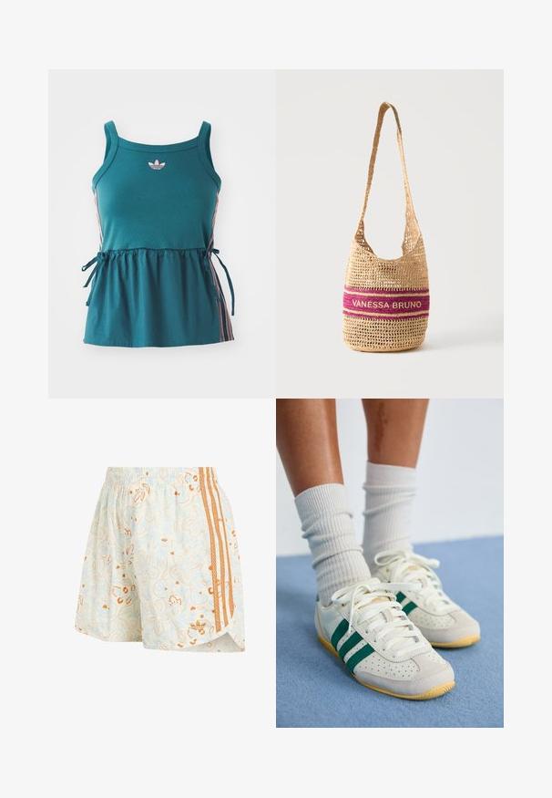Cyan mouwloze top met geplooide taille, roze zijkanten en geborduurd logo. Gemaakt van zachte stof met een losse pasvorm en strikaccenten.; Lichtgekleurde shorts met een elastische taille, bloemmotieven en drie gestructureerde oranje strepen langs één zijde.; Voeten met witte sneakers met groene strepen en witte geribbelde sokken die op een lichtblauw tapijt staan.; Geweven beige schoudertas met open geweven patroon, brede band en een horizontale paarse streep met de tekst "VANESSA BRUNO".