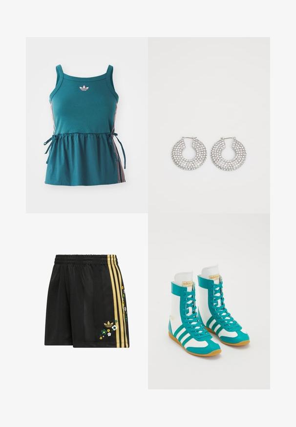 Cyan mouwloze top met geplooide taille, roze zijkanten en geborduurd logo. Gemaakt van zachte stof met een losse pasvorm en strikaccenten.; Zwarte sportshorts met een elastische tailleband, voorzien van drie gouden strepen aan de zijkant en bloemrijke borduurwerken in verschillende kleuren.; Hoge sportschoenen van synthetisch materiaal in teal, met witte panelen, drie teal strepen en een rubberen zool met een gestructureerde grip.; Zilveren hoepeloorbellen versierd met meerdere heldere kristalaccenten, met een gestructureerd oppervlak en een open cirkelvormig ontwerp.