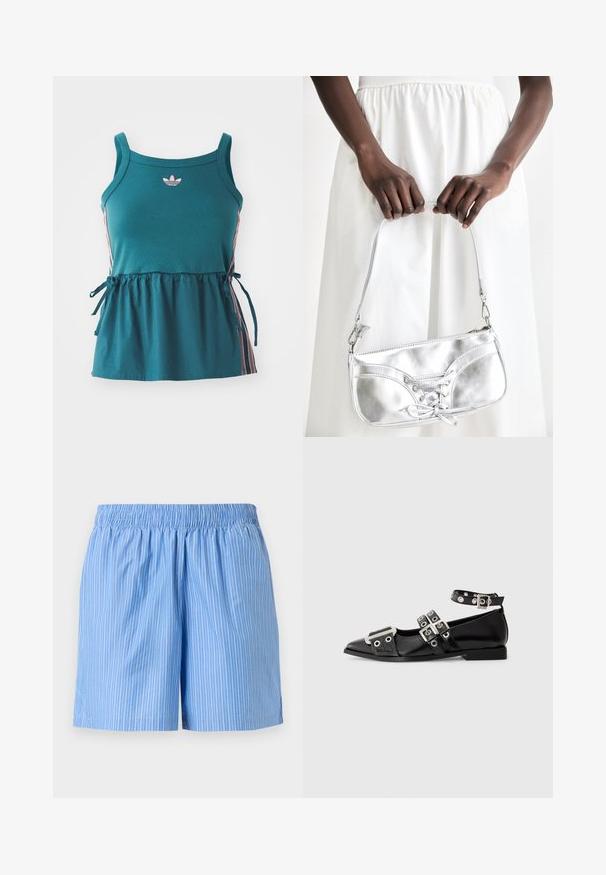 Cyan mouwloze top met geplooide taille, roze zijkanten en geborduurd logo. Gemaakt van zachte stof met een losse pasvorm en strikaccenten.; Lichtblauwe katoenen shorts met verticale witte fijne strepen en een gerimpelde elastische tailleband.; Zwarte puntige platte schoen met drie zilveren gespen, enkelband met oogjes en metallic detail op de teen.; Zilveren metalen handtas met vetersluiting, met een strak ontwerp en een korte schouderriem. De tas wordt vastgehouden in de handen, waardoor de textuur goed tot zijn recht komt.