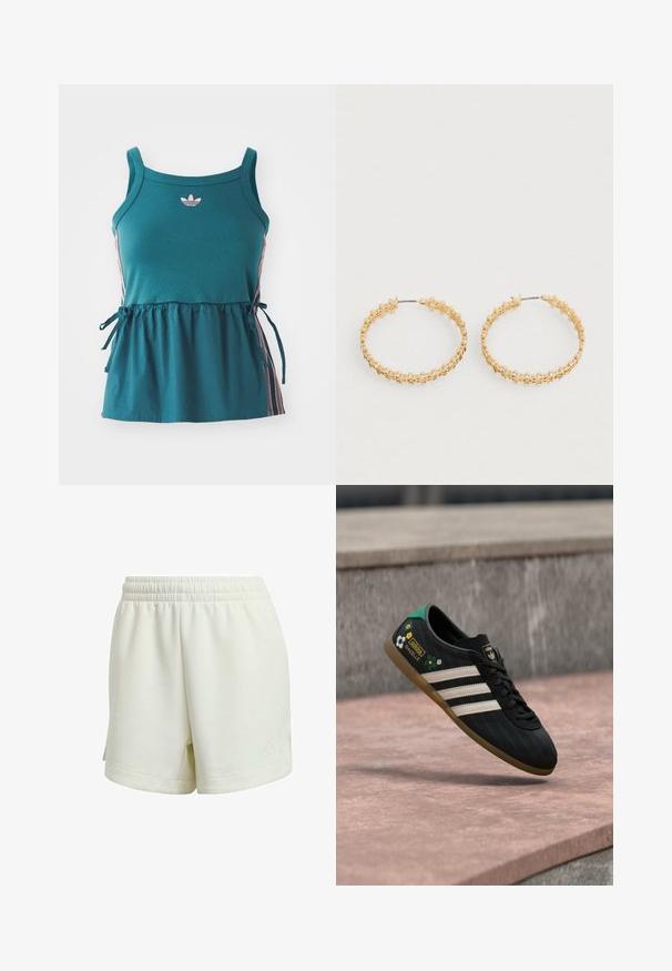 Cyan mouwloze top met geplooide taille, roze zijkanten en geborduurd logo. Gemaakt van zachte stof met een losse pasvorm en strikaccenten.; Crèmekleurige katoenen shorts met een elastische tailleband, zijopeningen en een getextureerd Adidas-logo op de zoom. Zacht materiaal met een gladde afwerking.; Zwarte sportschoen met witte strepen, een bovenwerk met patroon en bloemenaccenten, en een groene hiel. Rubberen zool zorgt voor grip.; Gouden oorringen met een textuurontwerp en kleine, ronde kraaltjes langs de buitenrand. Lichtgewicht met een veilige sluiting.