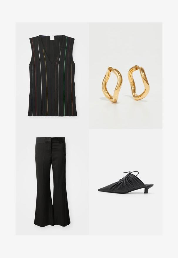 Haut sans manches noir avec un décolleté en V, présentant des rayures verticales rouges, blanches, bleues, jaunes, vertes et marron ; texture côtelée.; Pantalons évasés noirs en matériau lisse, avec une taille mi-haute et un design épuré et ajusté sans ornements visibles.; Mules noirs en cuir à enfiler avec un bout pointu, une texture froncée et un petit talon aiguille. Présente un détail à cordon au niveau de l'ouverture.; Boucles d'oreilles en forme de cerceau de couleur dorée avec une forme courbée et irrégulière et une texture lisse et polie. Aucun matériel ou accent visible.