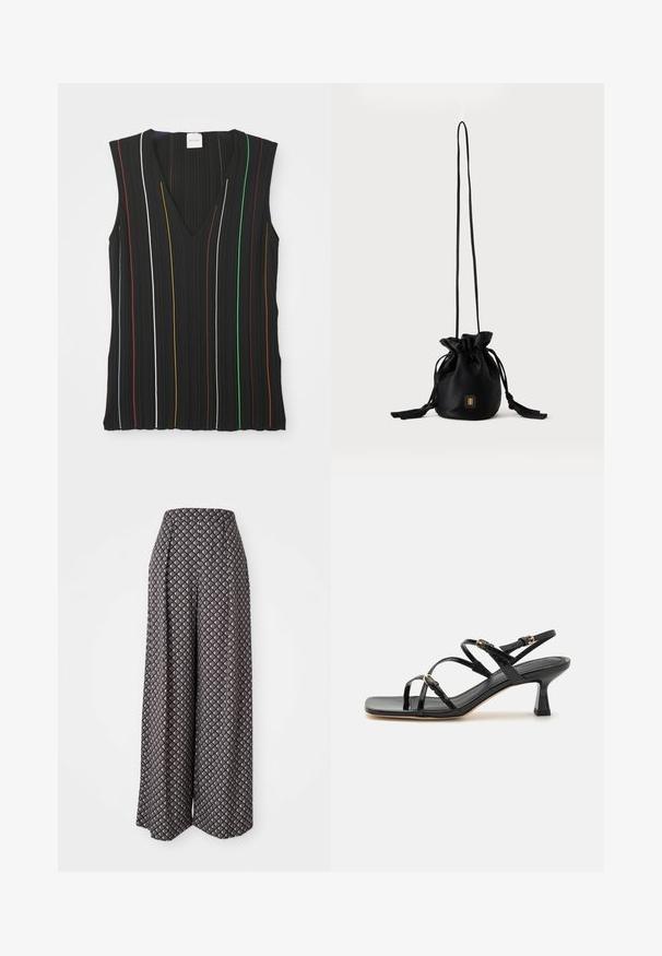 Haut sans manches noir avec un décolleté en V, présentant des rayures verticales rouges, blanches, bleues, jaunes, vertes et marron ; texture côtelée.; Pantalons à jambes larges en tissu à motifs, présentant un schéma de couleurs gris et crème avec un design géométrique en losanges et une taille haute.; Sandales à strapes en cuir verni noir avec un bout carré et un petit talon carré. Présente des accessoires en métal doré et des brides de cheville réglables.; Sac seau noir à cordon avec une longue sangle fine et un petit logo carré doré sur le devant, présenté sur un fond uni.