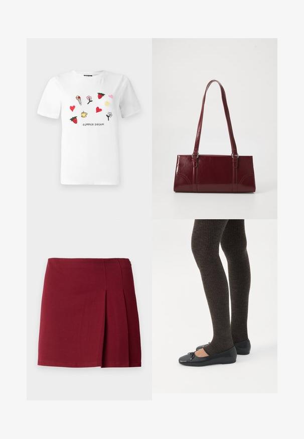 T-shirt en coton blanc avec des broderies colorées de fraises, cœurs, fleurs, un cornet de glace et un soleil. Le texte en dessous indique "RÊVE D'ÉTÉ."; Jupe mini plissée bordeaux avec une texture lisse, taille ajustée et fermeture à glissière sur le côté. Design simple et minimaliste sans motifs.; Jambes portant des leggings côtelés foncés associés à des ballerines noires avec de petits détails en nœud sur fond blanc.; Sac à main bordeaux en matériau brillant, de forme rectangulaire, avec deux anses et des accents légèrement courbés à l'avant.