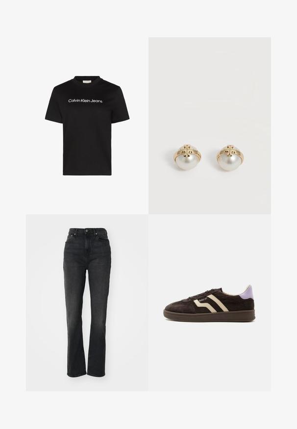 Musta puuvillainen t-paita pyöreällä pääntiellä ja lyhyillä hihoilla, jossa valkoisella teksti "Calvin Klein Jeans" rinnan kohdalla.; Mustat korkeavyötäröiset farkut suoranlahkeisilla, viiden taskun muotoilulla, etupainonappi sulkemisella ja vähäisellä ompelutyöllä.; Tummanruskea maneesinappi, jossa on beiget sivuraitat, nauhallinen malli, violetti kantapään lippa ja kumipohja valkoista taustaa vasten.; Kultaiset nappikorvakorut, joissa suuret valkoiset helmet ja koristeelliset kultaiset vaakunakoristeet valkoisella taustalla.