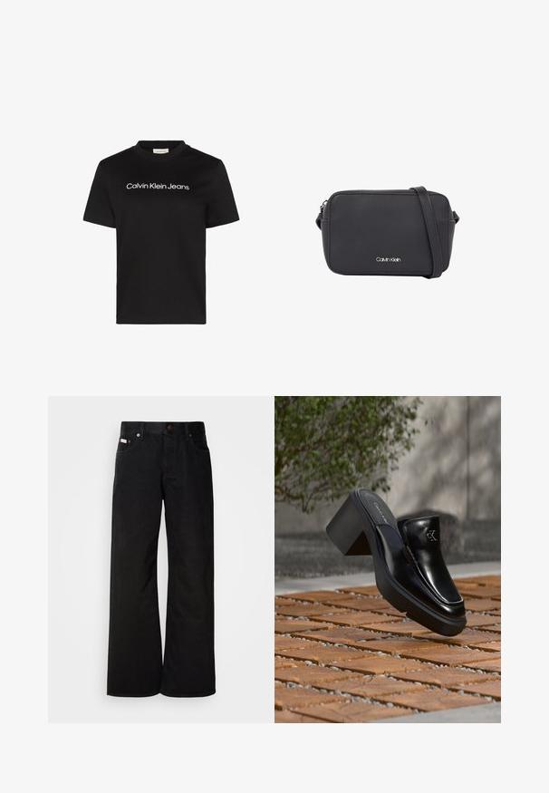 Camiseta de algodón negra con cuello redondo y mangas cortas, con el texto "Calvin Klein Jeans" en blanco en el pecho.; Jeans de pierna ancha negros, hechos de algodón. Presentan bolsillos frontales, cierre de botón y una textura de denim clásica. Diseño minimalista sin patrones.; Mule tipo slip-on de cuero negro de Calvin Klein con tacón de bloque descansando sobre baldosas de madera al aire libre cerca de una planta verde y una pared gris.; Bolso bandolera rectangular negro hecho de material sintético, con un logo plateado, correa delgada y textura suave con bordes redondeados.