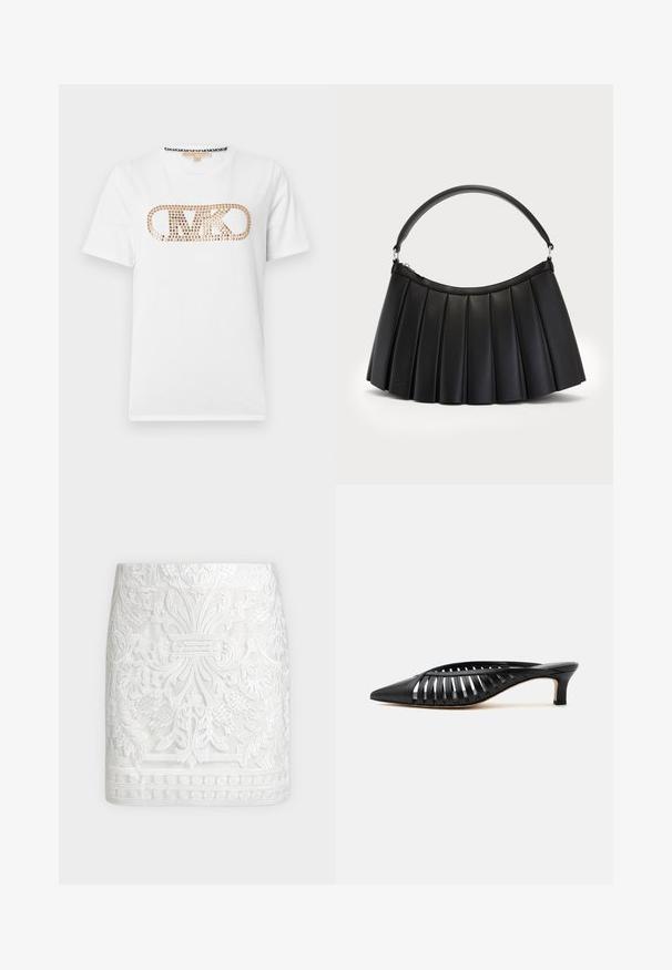 T-shirt blanc à manches courtes avec logo "MK" doré clouté centré sur la poitrine et motif logo noir contrastant à l'intérieur de l'encolure.; Mini-jupe blanche avec broderie florale et feuillue en relief complexe, présentant un ourlet à motif et une silhouette ajustée.; Mule en cuir noir avec bout pointu, design découpé à brides et petit talon kitten sur fond blanc.; Sac noir plissé en simili cuir, avec une anse incurvée et une fermeture éclair sur le dessus. Texture lisse avec un design structuré.