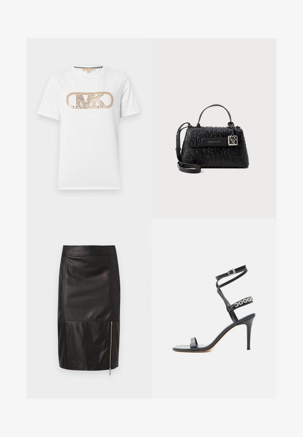 T-shirt blanc à manches courtes avec logo "MK" doré clouté centré sur la poitrine et motif logo noir contrastant à l'intérieur de l'encolure.; Jupe en cuir noire longueur genou avec des détails de coutures verticales et horizontales et une fermeture éclair argentée sur le côté inférieur droit.; Sandale noire à talon haut avec fine bride à la cheville, bride médiane décorée de maillons de chaîne argentés, et design à bout ouvert.; Sac à main noir en matériau texturé, portant un marquage en relief, avec une poignée supérieure et une bandoulière détachable avec des finitions en argent.