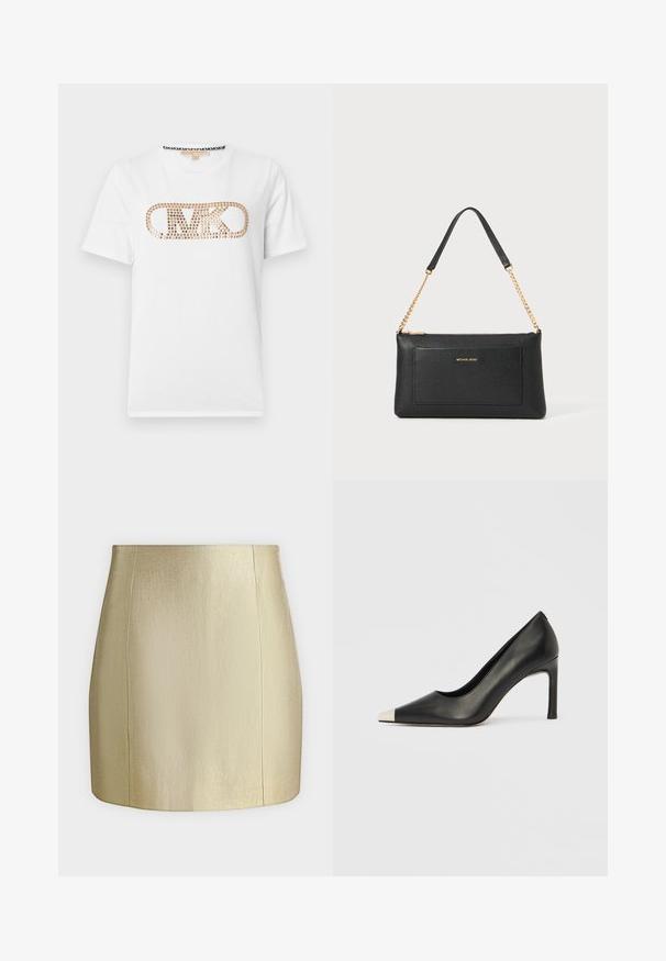 T-shirt blanc à manches courtes avec logo "MK" doré clouté centré sur la poitrine et motif logo noir contrastant à l'intérieur de l'encolure.; Mini-jupe métallique dorée avec une coupe droite et des détails subtils de coutures verticales à l’avant, sur un fond clair uni.; Chaussure à talon haut en cuir noir avec bout pointu et capuchon argenté métallique. Présente une finition lisse et un talon fin de 10 cm.; Pochette en cuir noir avec une texture en relief, bandoulière en chaîne dorée et une poche avant. Elle arbore un logo doré sur le devant.