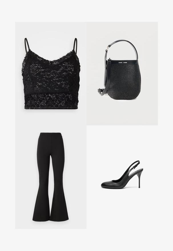 Bralette en dentelle noire avec des bretelles spaghetti réglables, un motif de dentelle florale et une bande noire unie en bas.; Leggings noirs évasés en tissu extensible, dotés d'une taille haute et d'une texture lisse, s'évasant vers le bas avec un large flare au niveau des chevilles.; Escarpin slingback en cuir noir avec un bout pointu, un talon aiguille fin et une sangle ajustable. Texture lisse et design minimaliste.; Sac à main tissé noir avec base arrondie, garniture en cuir, bandoulière réglable et logo de la marque Samsøe Samsøe sur la bande supérieure.
