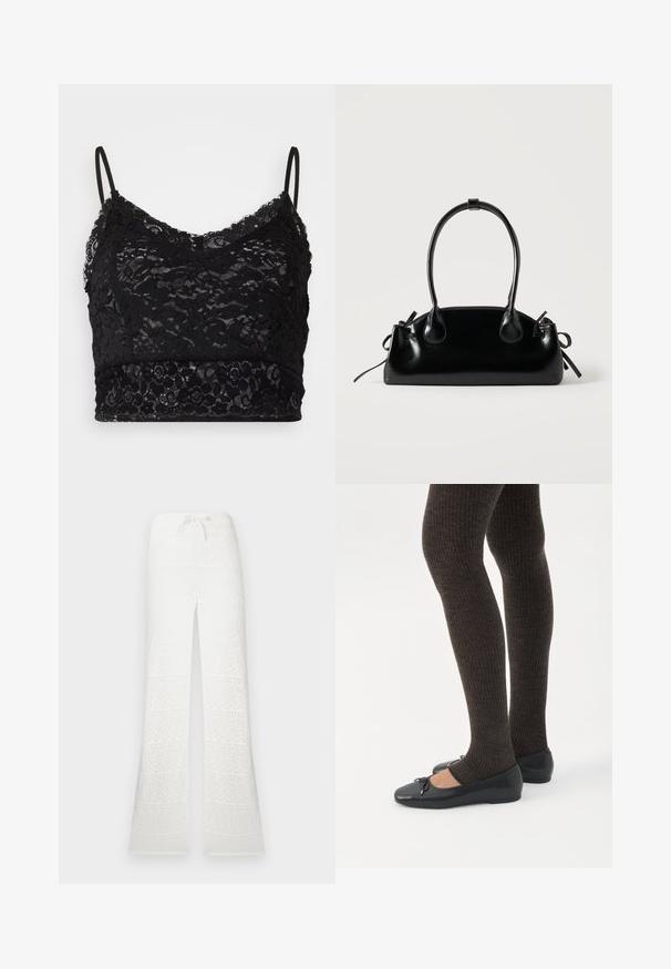Bralette en dentelle noire avec des bretelles spaghetti réglables, un motif de dentelle florale et une bande noire unie en bas.; Pantalon en crochet blanc taille haute avec jambes évasées et ceinture à cordon sur un fond uni.; Jambes portant des leggings côtelés foncés associés à des ballerines noires avec de petits détails en nœud sur fond blanc.; Petit sac à main noir brillant avec deux longues anses et des détails à cordon sur les côtés sur un fond clair uni.