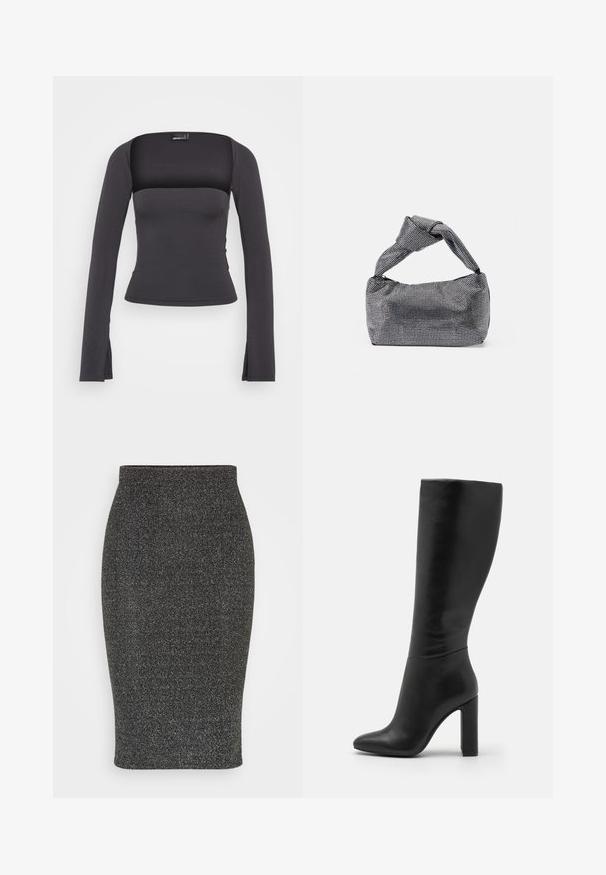 Top negro de manga larga con escote cuadrado, silueta ajustada y aberturas laterales en el dobladillo. Confeccionado en una tela suave y elástica.; WAL G. PARTY ROYAL GLITTER MIDI SKIRT - Falda de tubo - silver; Bota de cuero negro hasta la rodilla con punta afilada y tacón alto en bloque. Textura suave con un diseño minimalista y sin herrajes visibles.; Bolso de mano negro y plateado con una superficie texturizada que presenta un patrón de diamante, un asa anudada y una forma estructurada.