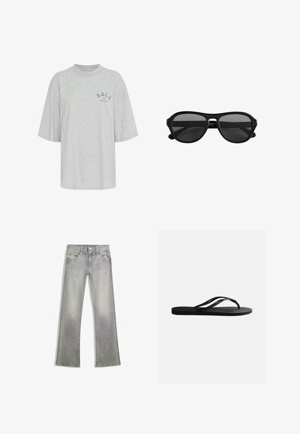 Grå oversized t-shirt lavet af bomuld, med rund hals, korte ærmer og et trykt logo i marineblå, der læser "BALL THE JEANS".; Grå denim flared jeans med en afdæmpet finish, der har en knaplukning, fem lommer og syet detaljering langs taljebåndet og kanten.; Sort gummiflip-flop sandal med tekstureret fodseng og tynde Y-formede remme på en ensartet hvid baggrund.; Solbriller med sort plaststel, mørke tonede glas og en smal bro, vist forfra på en hvid baggrund.
