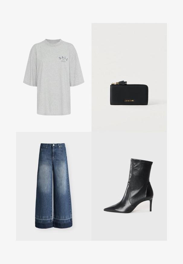 Šedé oversized tričko z bavlny s okrúhlym výstrihom, krátkymi rukávmi a potlačeným logom v námorníckej modrej farbe s nápisom "BALL THE JEANS".; Modré rifle s širokými nohavicami, vysokým pásom, zapínaním na gombíky vpredu a vyblednutými detailmi na stehnách a lemoch, zobrazené na jednoliatom pozadí.; Čierne kotníkové topánky vyrobené z hladkej kože, s špicatou špičkou, priliehavým zvrškom aúzkym vysokým podpätkom. Minimalistický dizajn bez viditeľného kovania.; Čierna kožená peňaženka so zipsovým zatváraním, s logom vo zlatej farbe a čiernym strapcom ako doplnkom. Hladká textúra a obdĺžnikový tvar.