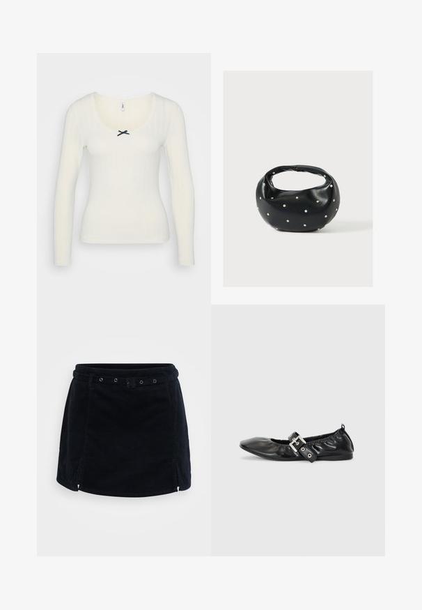 Witte lange mouwen top met ribbelstructuur, scoop hals, kantafwerking en een zwarte strikaccent in het midden voor. Gemaakt van een katoenmix.; Zwarte corduroy mini-jurk met een aansluitende taille, riemlussen en zijopeningen. Beschikt over platte naden en een gladde textuur.; Zwarte leren platte schoen met een spitse neus, geplooide details rond de opening en een zilveren gespaccentueerde verstelbare band.; Zwarte leren handtas met een afgeronde vorm, versierd met zilveren studs, en een korte handgreep. Gladde textuur en ritsluiting.