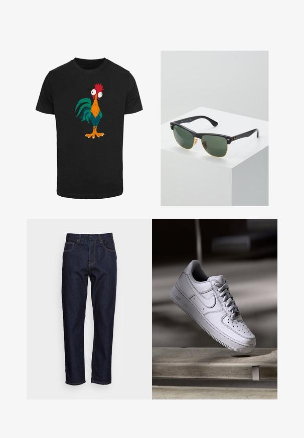 Schwarzes T-Shirt mit einem bunten Cartoon-Hahn-Design, das übertriebene Merkmale und große Augen zeigt, mit orangefarbenen, grünen und roten Akzenten.; Dunkelblaue Denim-Jeans mit geradem Schnitt, fünf Taschen und kontrastierendem gelben Nähten. Mit einem klassischen Knopf- und Reißverschluss ausgestattet.; Weißer Nike Air Force 1 Sneaker aus Leder mit perforierter Zehenpartie, flachen Schnürsenkeln und strukturierter Gummisohle mit "AIR"-Branding an der Seite.; Ray-Ban Sonnenbrillen mit grünen Gläsern, schwarzen Kunststoffrahmen und goldenen Akzenten an den Rändern. Quadratische Form mit matter Oberfläche.