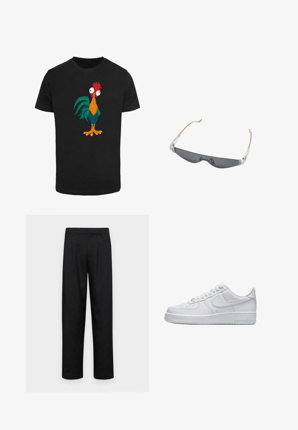 Zwarte T-shirt met een kleurrijk cartoon-haan ontwerp met overdreven kenmerken en grote ogen, met oranje, groene en rode accenten.; Zwarte broeken van gladde stof, met een recht model, twee voorknikken en een standaard tailleband met riemlussen.; Volledig witte lage Nike Air Force 1 sneaker met geperforeerde neus, vetersluiting en een reliëf Nike-swoosh aan de zijkant.; Slanke, rechthoekige donker getinte zonnebril met doorzichtige kunststof scharnieren en dunne beige pootjes die aan de uiteinden gebogen zijn.