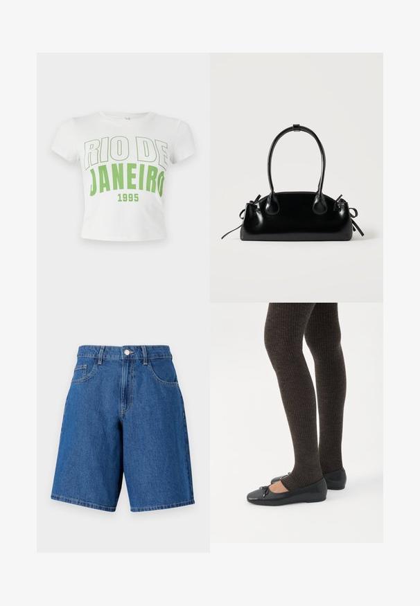 T-shirt en coton blanc avec inscription verte "RIO DE JANEIRO 1995" en police gras, manches courtes et encolure arrondie.; Shorts en denim bleu moyen, avec une taille haute, des passants de ceinture, deux poches avant et une coupe droite avec des détails cousus.; Jambes portant des leggings côtelés foncés associés à des ballerines noires avec de petits détails en nœud sur fond blanc.; Petit sac à main noir brillant avec deux longues anses et des détails à cordon sur les côtés sur un fond clair uni.