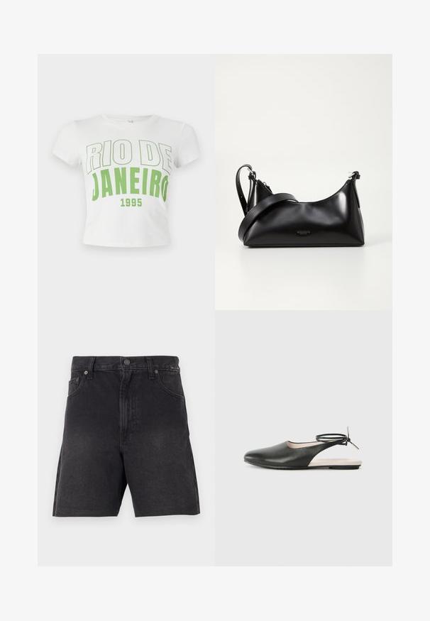 T-shirt en coton blanc avec inscription verte "RIO DE JANEIRO 1995" en police gras, manches courtes et encolure arrondie.; Shorts en denim noir à coupe droite, avec fermeture à bouton, poches avant et un tissu texturé. Design minimaliste, sans motifs visibles.; Chaussure en cuir noir avec un bout pointu et un talon ouvert, dotée d'une sangle à la cheville avec un accent métallique. Semelle plate ; design minimaliste.; Sac à main en cuir noir avec une texture lisse. Dispose d'une bandoulière adjustable et d'un design élégant et minimaliste avec une fermeture éclair.