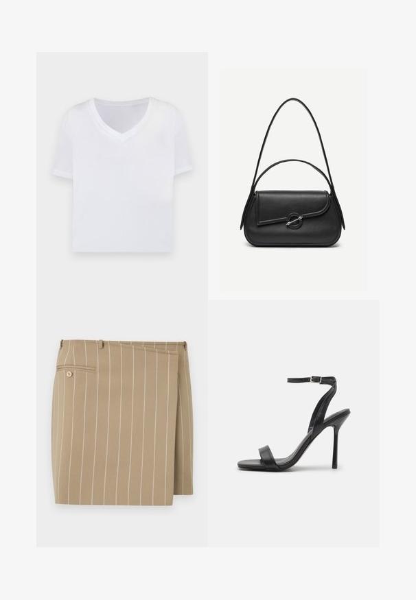 Hvid cropped t-shirt med v-hals, korte ærmer og et glat, let materiale. Ingen mønstre eller synlig hardware. Simpelt design.; Beige nederdel med lodrette hvide striber, lavet af et tekstureret stof. Har en frontklap og en baglomme med en knapdetalje.; Sort højhælet sandal med en slank ankelrem og to forreste bånd. Lavet af glat læder med en slank spids tå og stilettohæl.; Sort læderhåndtaske med afrundede kanter, asymmetrisk klap, metalcirkulært spænde samt både korte og lange skulderstropper.