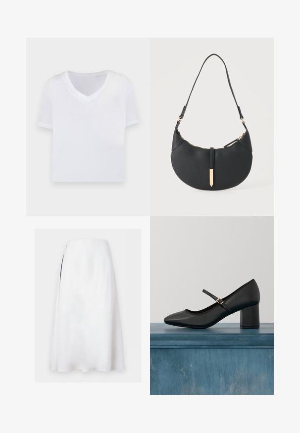 Hvid cropped t-shirt med v-hals, korte ærmer og et glat, let materiale. Ingen mønstre eller synlig hardware. Simpelt design.; Hvid A-line midi-nederdel med høj talje og subtil sidespalte på ensfarvet baggrund.; Sort Mary Jane-sko med blokhæl og guldfarvet spænde, svævende over et glat betongulv i en minimalistisk indendørs setting.; Sort håndtaske formet som en halvmåne med en enkelt rem, guld lynlås og en guldfarvet rektangulær dekorativ fane foran.