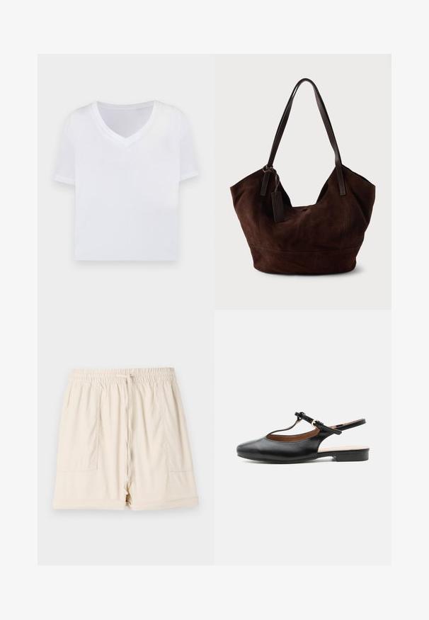 Hvid cropped t-shirt med v-hals, korte ærmer og et glat, let materiale. Ingen mønstre eller synlig hardware. Simpelt design.; Beige bomuldsbukser med elastisk talje, snor og to sidelommer; har en afslappet pasform og oprullede kanter.; Sort læder flad slingback-sko med T-rem og guldlås på neutral baggrund.; Brun ruskind taske med en blød, slouchy form. Har læderhåndtag og et tag-accent. Enkelt tekstur med buede sømme.