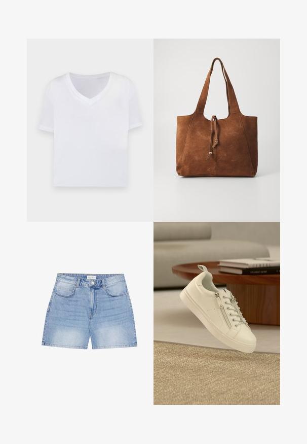 Hvid cropped t-shirt med v-hals, korte ærmer og et glat, let materiale. Ingen mønstre eller synlig hardware. Simpelt design.; Lyseblå denimshorts med forreste knaplukning, bæltestropper og fem-lommer, mærket Anna Field.; Hvid lav sneakers med sidelukning og snørebånd placeret nær et brunt rundt træbord med stablede bøger.; Brun ruskinds tote bag med to lange håndtag, snøre lukning og glat tekstur. Har et enkelt design og minimale accenter.