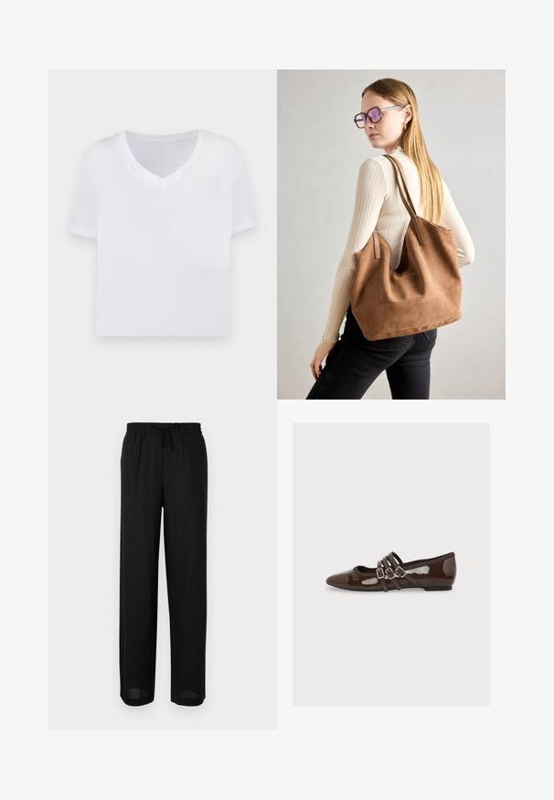 Witte cropped t-shirt met een v-hals, korte mouwen en een gladde, lichte stof. Geen patronen of zichtbare hardware. Eenvoudig ontwerp.; Zwarte broek met losse pasvorm, elastische tailleband en trekkoord, rechte pijp, geschikt voor casual dragen.; Donkerbruine platte lakleren schoen met spitse neus en drie dunne bandjes met gouden gespen over de wreef.; Bruine suède totebag met zachte textuur, grote opening en lange hengsels. Het heeft een eenvoudig ontwerp met zichtbare stiksels en geen hardware.