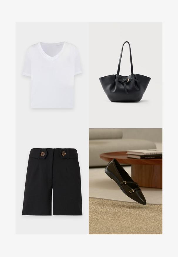 Hvid cropped t-shirt med v-hals, korte ærmer og et glat, let materiale. Ingen mønstre eller synlig hardware. Simpelt design.; Sorte skræddersyede shorts med høj talje, to store brune knapper på sidelapperne og en syning foran.; Sort flad sko med spids snude og to tynde remme med spænder, der svæver over et beige tæppe, med et bord i træ og bøger i baggrunden.; Sort lædertaske med lange håndtag og en frontrem med en lille gylden spænde, sat mod en ensfarvet baggrund.