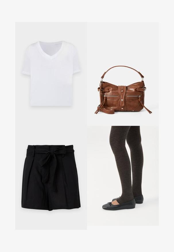 Hvid cropped t-shirt med v-hals, korte ærmer og et glat, let materiale. Ingen mønstre eller synlig hardware. Simpelt design.; Sorte shorts med høj talje og et stofbælte bundet i en sløjfe foran samt sidelommer, vist mod en hvid baggrund.; Ben iført mørke ribbede leggings kombineret med sorte balletsko med små sløjfedetaljer på hvid baggrund.; Brun læderhåndtaske med en rund form, to frontlommer med lynlås og en aftagelig skulderrem. Udstyret med hardware og syninger i sølvfarve.
