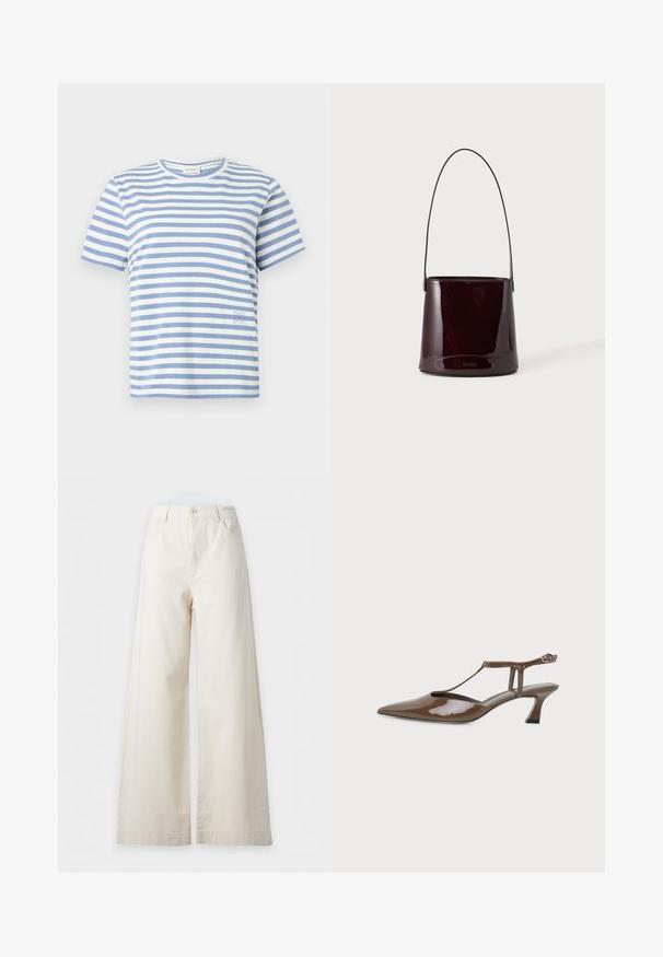 T-shirt à manches courtes avec rayures horizontales blanches et bleu clair, col rond, et petit texte brodé près de l'ourlet sur le côté droit.; Pantalon large taille haute couleur crème avec bouton sur le devant, poches latérales, passants de ceinture et couture visible sur l'ourlet.; Chaussure slingback en cuir verni marron, bout pointu, petit talon kitten, fine bride en T et fermeture à boucle à la cheville.; Sac seau brun foncé brillant avec une longue sangle fine et des coutures visibles minimales sur un fond clair.