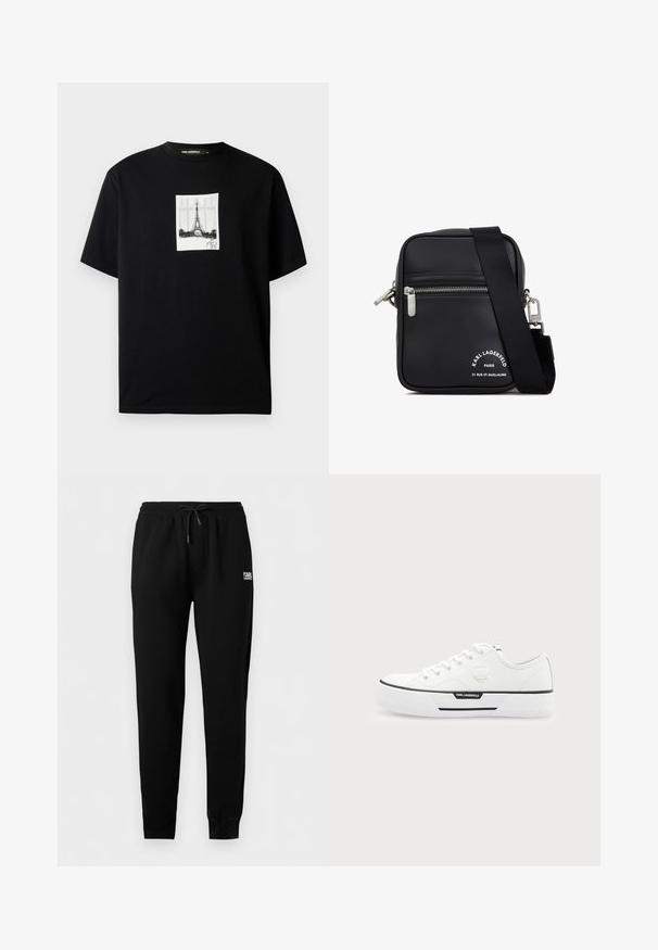 Must rõngas varrukatega must t-särk, mille keskel on valge ristkülikukujuline trükk Eiffeli tornist ja allkirja all.; Mustad slim-fit vabaaja püksid elastse vöökohaga ja nööriga, mansettidega sääred ning väike valge "KARL LAGERFELD" logo paremal puusal.; Valge madala säärega sneaker paksu tallaga, esiküljel paeltega, musta triibu detailiga ja Karl Lagerfeldi logoga küljel ja kannalapil.; Mustmust mustristkott mustmustressiga hõbedaste detailidega, lukuga tasku, tekstuuritud pind ja esiküljel silmatorkav valge bränding.