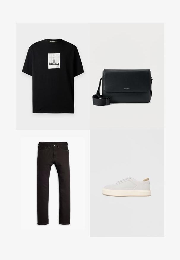Schwarzes T-Shirt mit kurzen Ärmeln und einem zentrierten weißen rechteckigen Druck des Eiffelturms sowie einer Unterschrift darunter.; Schwarze schmal geschnittene Jeans mit fünf Taschen und Knopfschluss, flach auf einem weißen Hintergrund präsentiert.; Hellgraue Sneaker mit einer glatten Synthetik-Oberfläche, runder Spitze und einer strukturierten cremefarbenen Zwischensohle. Helle tanfarbene Akzente an der Ferse.; Schwarze Leder-Umhängetasche mit strukturierter Oberfläche, verstellbarem Riemen und einer Vorderklappe mit dezentem Logo. Kompakte und rechteckige Form.