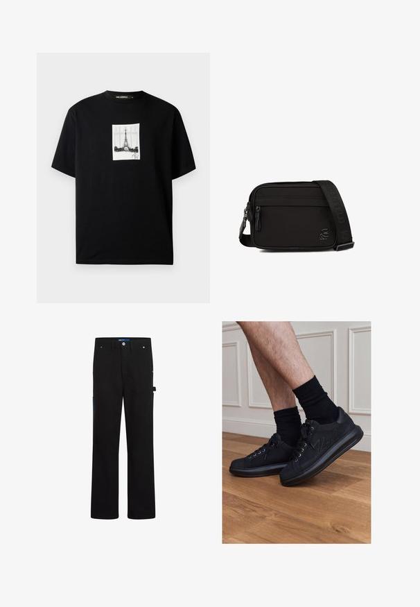 Sort t-shirt med korte ærmer, der har et centreret hvidt rektangulært tryk af Eiffeltårnet og en underskrift nedenfor.; Sorte cargo bukser med lige skæring, der har to forlommer, en baglomme og blå detaljer på siden og i taljen.; Person iført sorte sneakers med snørebånd og sorte sokker, der står på trægulv mod en hvid vægpanel.; Sort rektangulær crossbody taske med frontlomme med lynlås, justerbar skulderrem med logo og lille sideemblem.