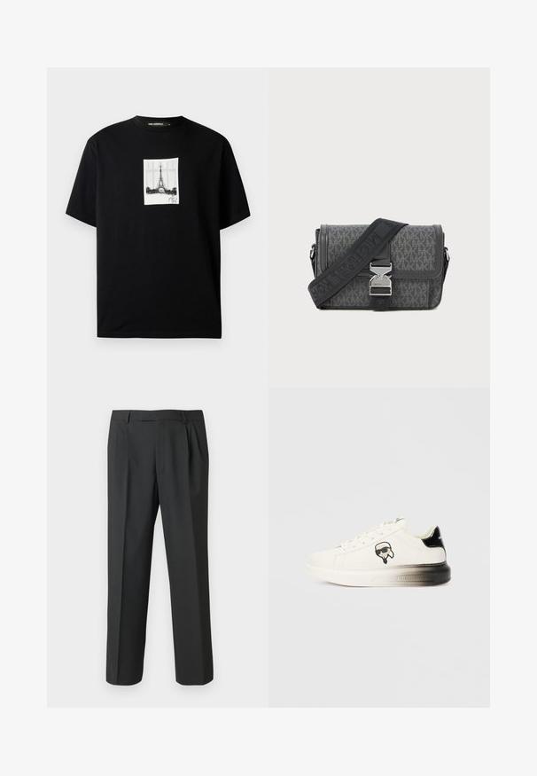 Sort t-shirt med korte ærmer, der har et centreret hvidt rektangulært tryk af Eiffeltårnet og en underskrift nedenfor.; Sorte bukser lavet af glat stof med et lige ben-design, plisseret forside og standard linning med bæltestropper.; Hvide sneakers med en glat læderoverdel, sorte accenter på hælen og et tegneserie-logo. Har en kraftig, let gennemsigtig sål.; Grå mønstret crossover taske lavet af tekstureret materiale, med en metalspænde og en justerbar skulderrem med mærke, der har sorte detaljer.
