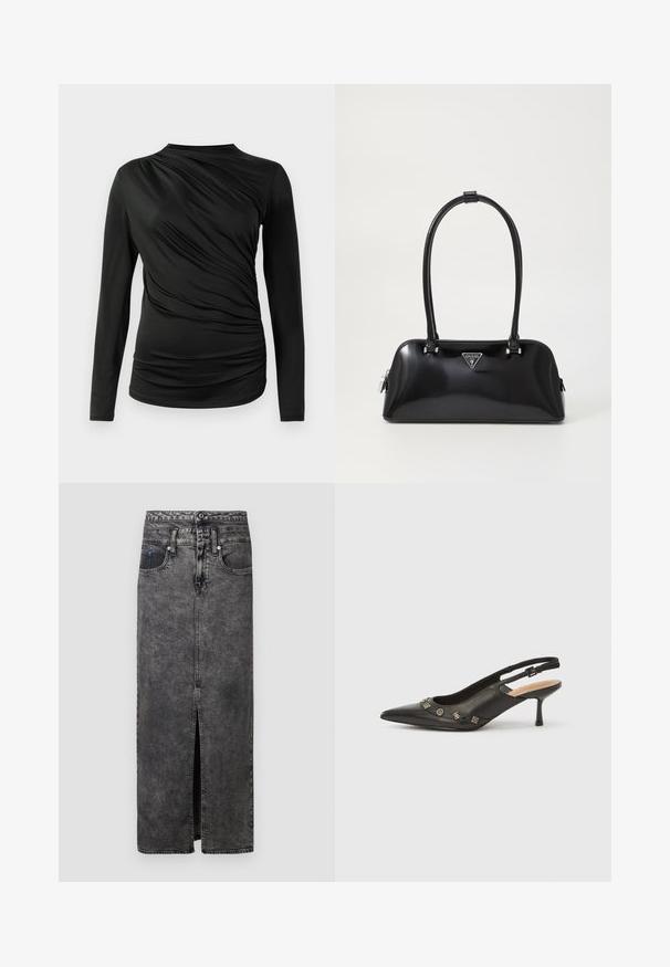 Zwarte lange mouw top met geplooide textuur aan de voorkant, voorzien van een hoge halslijn en een slim fit ontwerp. Zacht, rekbaar materiaal.; Zwarte denim maxi rok met een split aan de voorkant, voorzien van een tailleband, riemlussen en twee zakken. Licht gestructureerd oppervlak met vervaagde delen.; Zwarte leren slingback pump met puntige neus, lage hak en decoratieve metalen accenten langs de vooropening. Gladde textuur.; Zwarte glanzende handtas met een gebogen silhouet, twee handvatten en een logo plaatje aan de voorkant. Ritssluiting en glanzende hardware accenten.