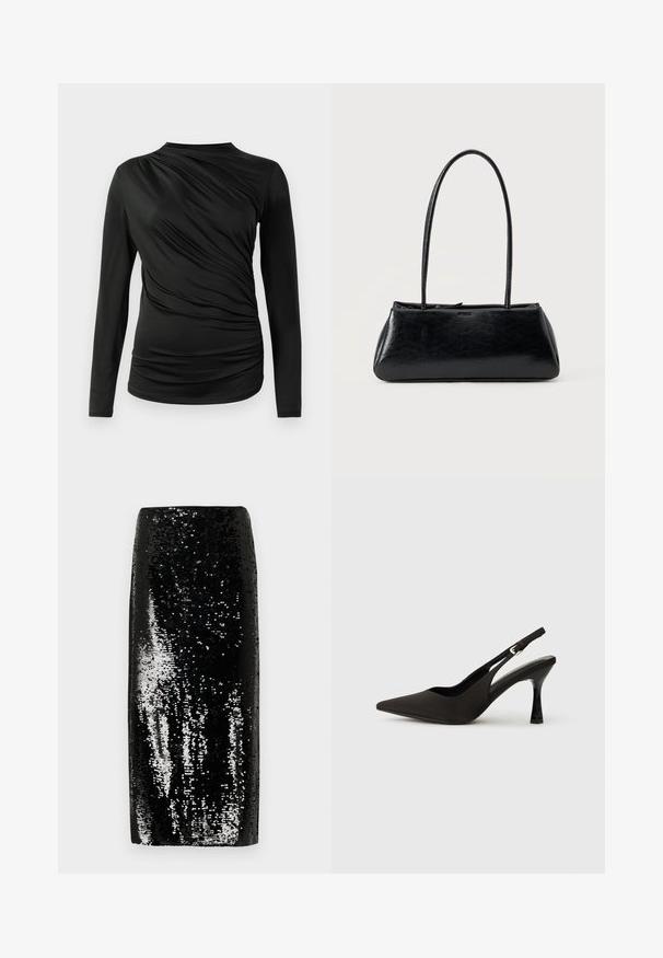 Top negro de manga larga con textura fruncida en la parte delantera, con un cuello alto y un diseño ajustado. Tejido suave y elástico.; Falda lápiz negra con lentejuelas, presenta una silueta elegante con una textura suave, reflejando la luz con acentos plateados y una cintura alta.; Zapatos de tacón negro tipo slingback con puntera afilada, acabado mate suave y un tacón delgado y brillante. Correa ajustable con detalle de hebilla pequeña.; Bolso de hombro rectangular negro con correas largas y delgadas y una textura lisa y brillante sobre un fondo liso.