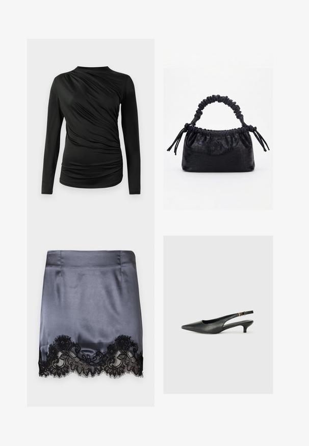 Zwarte lange mouw top met geplooide textuur aan de voorkant, voorzien van een hoge halslijn en een slim fit ontwerp. Zacht, rekbaar materiaal.; Grijze satijnen minirok met een zwarte kanten rand aan de zoom, met bloemenpatronen. Gladde textuur, nauwsluitend ontwerp en nette naden.; Zwarte puntschoen met slingback van soepel leer. Kenmerkt zich door een dunne hak en een gespdetail op de verstelbare band.; Zwarte handtas met krokodillenstructuur, geplooide bovenrand, samengevoerde handgreep en koordtassels aan elke kant tegen een witte achtergrond.